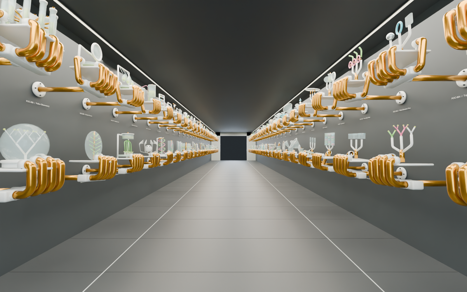 Gold pipe hands carrying scientific instruments emerge from both sides of a long gallery hallway.