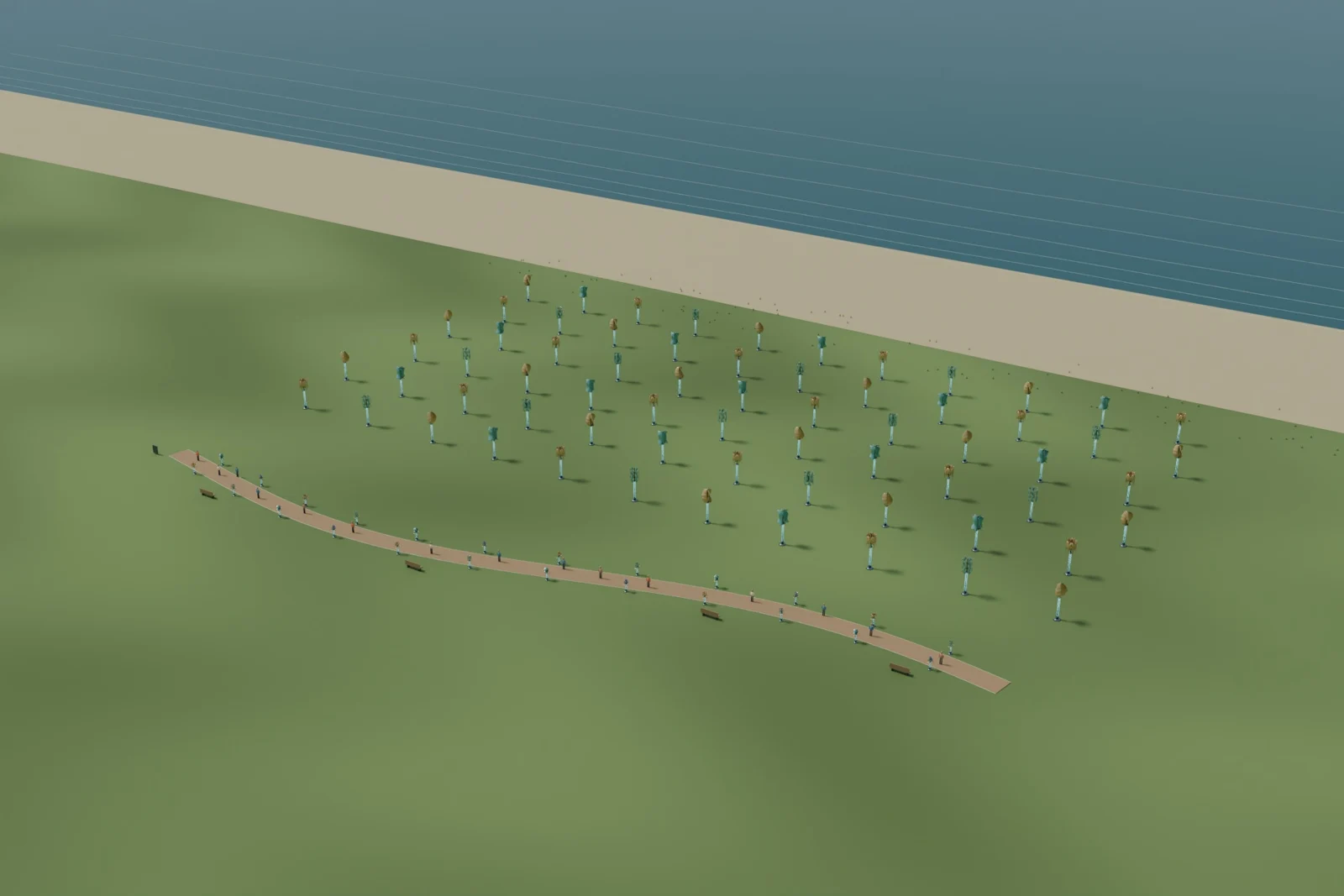 Coastal landscape with sculptural vertical wind turbines and a winding walkway