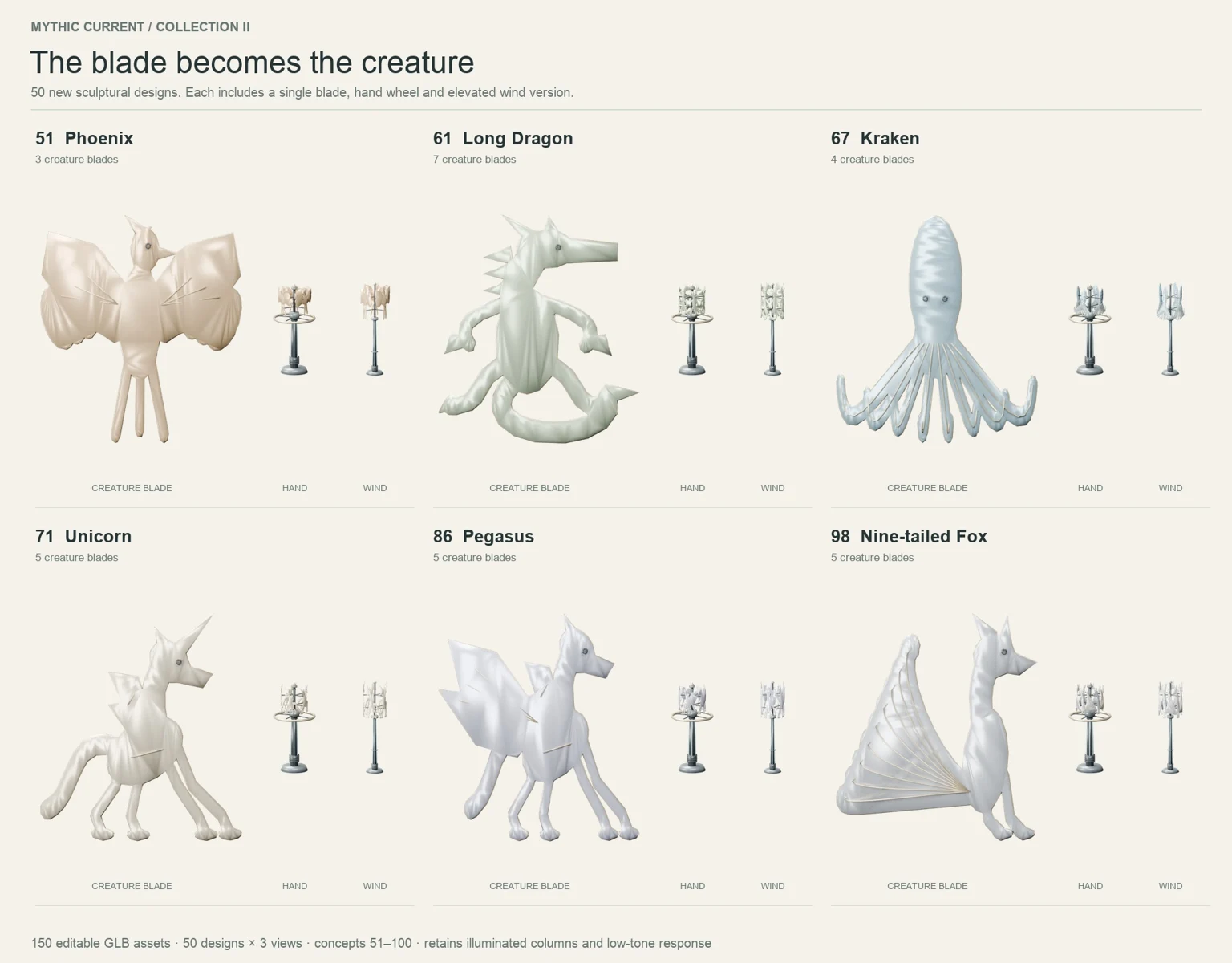 Mythological creatures form the actual silhouette of each blade